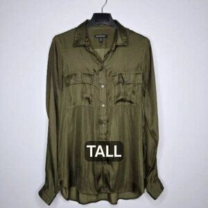 Banana Republic Olive Green Satin Button-Down Shirt M Tall